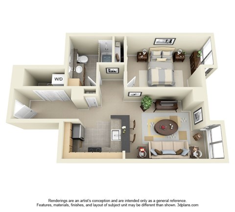 Floor plan for 1 bed, 1 bath, 624 sqft